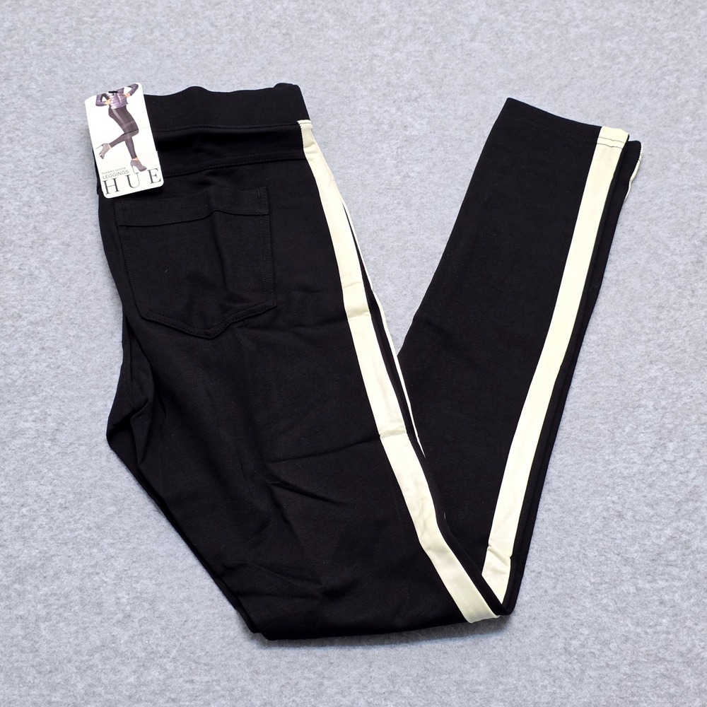 HUE Tuxedo‎ Ponte Leggings Black Ivory Stripe Athletic Athleisure Women's Size S